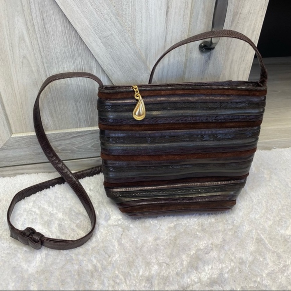 Vintage Sharif Brown Metallic Purse Leather Trim Bag Adjustable Strap